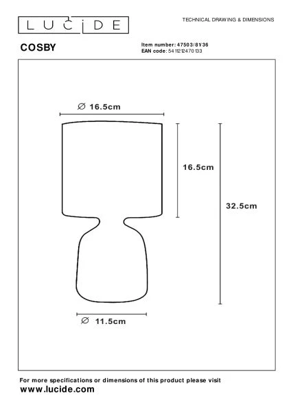 Lucide COSBY - Lampe de table - Ø 16,5 cm - 1xE14 - Gris - technique